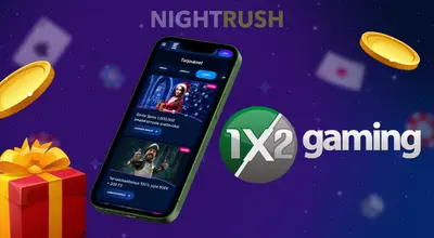 Älypuhelin, jossa näkyvät kasinotarjoukset lahjapaketin ja 1x2gaming -logon vieressä.