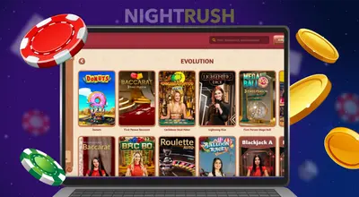 Kannettavan tietokoneen näyttö, jossa riveittäin Evolutionin live-kasinopelit, pelimerkkien ja kolikoiden vieressä.