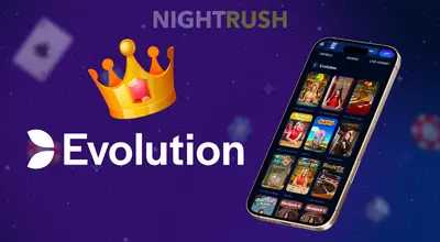 Älypuhelin, jossa näkyvät Evolutionin live-kasinopelit suuren kultakruunun vieressä.