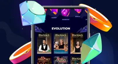 Älypuhelin, jossa näkyy live-kasinopelien valikoima Evolution-logon vieressä.
