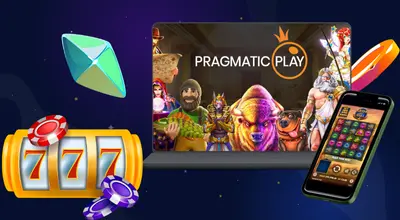 Mainoskuva Pragmatic Playn kolikkopeleistä ja hahmoista, jossa on peliautomaatti ja mobiilipelinäkymä.