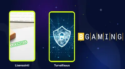 Turvallisuus- ja lisenssikuvat, joissa on BGaming-logo.