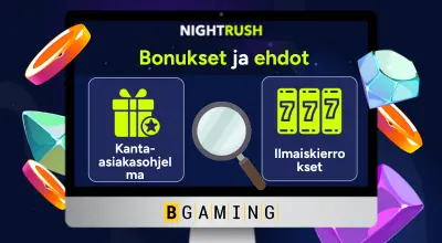 Bonukset ja ehdot, joissa on BGaming-logo ja kasinotuotteita näytöllä.