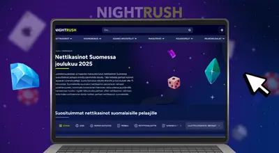 Kannettavan tietokoneen näyttö, jossa suomalainen kasinolista sinisen timantin ja vihreän kristallin vieressä.