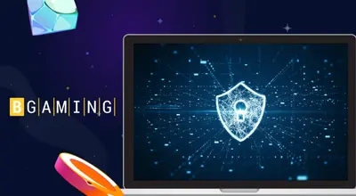 Turvallisuuskuva kannettavalla tietokoneella, jossa on BGaming-logo ja kasinotarvikkeet.