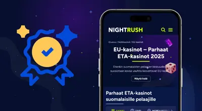 Älypuhelin, jossa näkyy suomalainen EU-kasinot-sivu lisenssimerkki-ikonin vieressä.