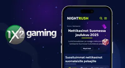 Älypuhelin, jossa näkyy suomalaisen kasinon sivu 1x2gaming -logon vieressä.