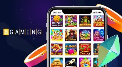 BGaming-pelit puhelimella, jossa on sen logo ja kasinotuotteet.