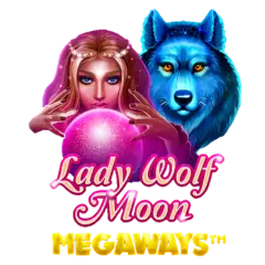 Lady Wolf Moon Megaways -kolikkopeli, jossa esiintyy noita ja susi vaaleanpunaisessa ja sinisessä.