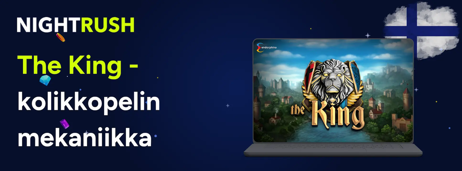 Nightrushin mainos Endorphinan The King -kolikkopelistä, jossa Suomen lippu.