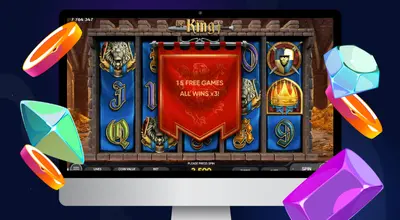 Kannettava tietokone näyttää The King -kolikkopelin ilmaiskierrosten näytön.