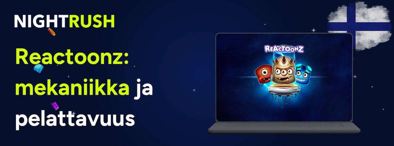 Nightrushin mainos Reactoonz-kolikkopelistä, joka käsittelee sen mekaniikkaa ja pelattavuutta.