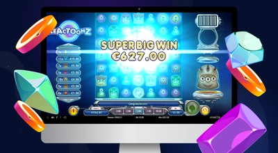 Kannettava tietokone näyttää Reactoonzin supersuuren voiton näytön.