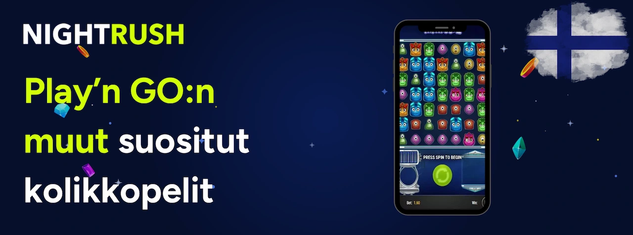 Nightrushin mainos Play'n GO:n muista suosituista kolikkopeleistä, Suomen lippu taustalla.