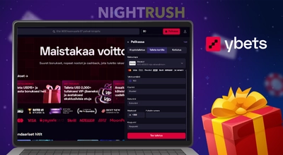 Ybets kannettavalla tietokoneella, jossa on lahjapakkaus ja sen logo sinisellä taustalla.