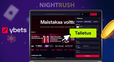 Ybets kannettavalla tietokoneella, jossa on kolikko, talletus ja sen logo sinisellä taustalla.