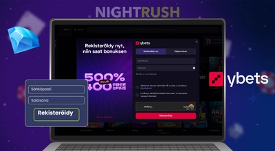 Ybets kannettavalla tietokoneella, jossa on jalokivi, rekisteröinti ja sen logo sinisellä taustalla.