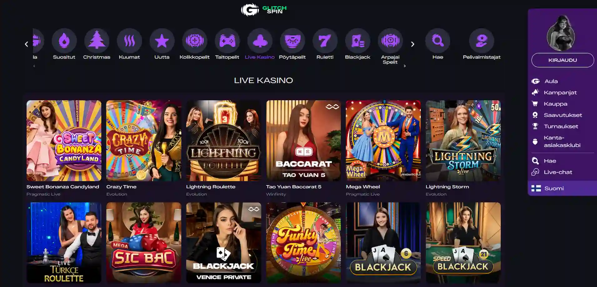 GlitchSpin Casinon live-pelisivu