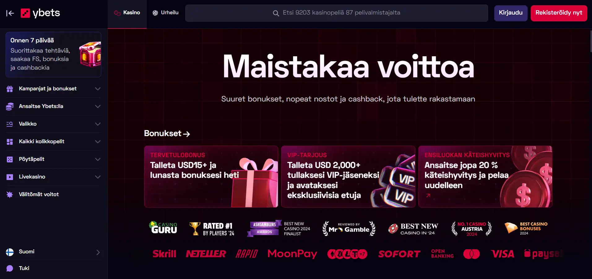 Ybet Casinon pääsivu, jossa on valikko ja bonustiedot tummalla taustalla.