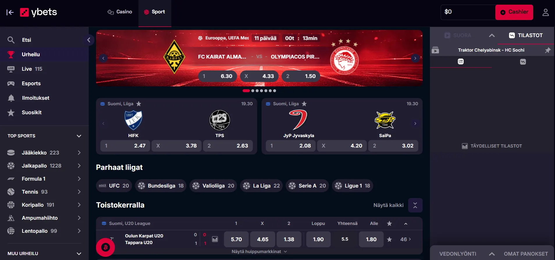 Ybet Casinon urheiluvedonlyönti, jossa urheilulajit ja ottelut näkyvät tummalla taustalla.