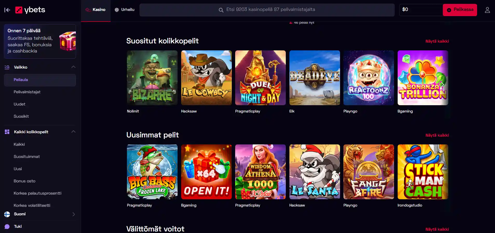 Ybet Casinon kasinopelit, joissa on suosittuja ja uusia vaihtoehtoja tummalla taustalla.