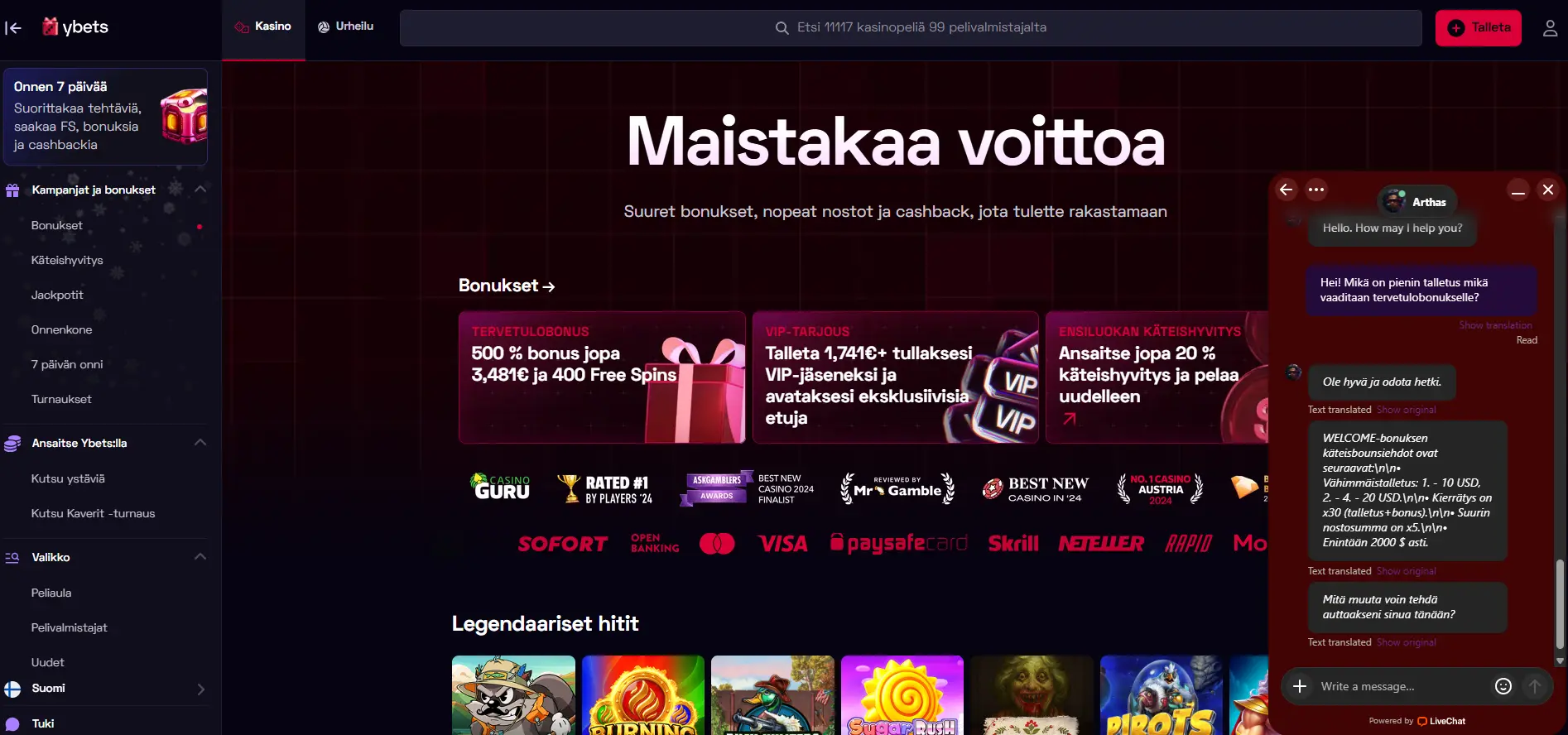 Ybets kasinosivuston chat palvelu suomen kielellä, chat-laatikko sivuston oikeassa reunassa