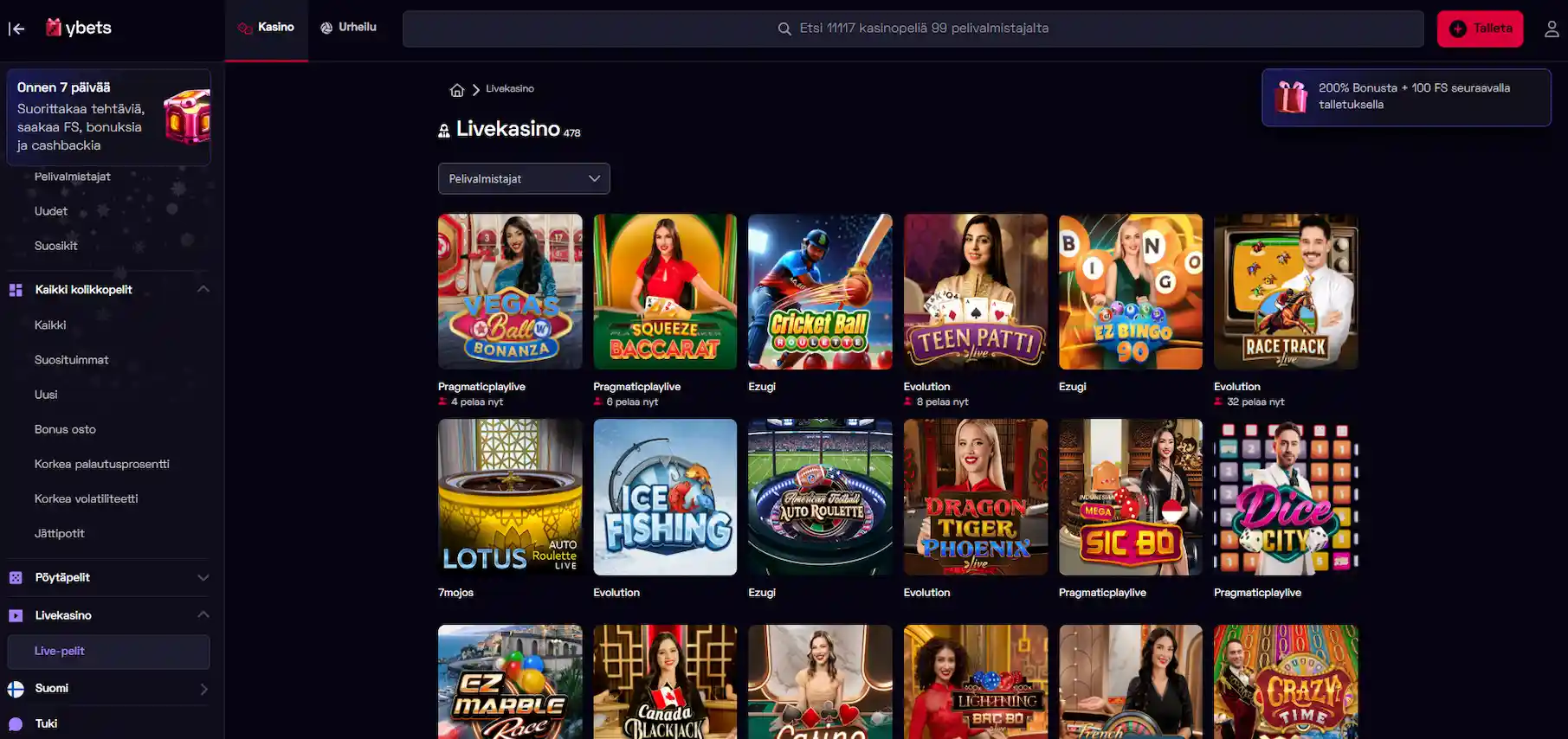 Ybets sivuston livekasino sivusto, esillä on paljon pelivaihtoehtoja ja niiden kuvakkeita