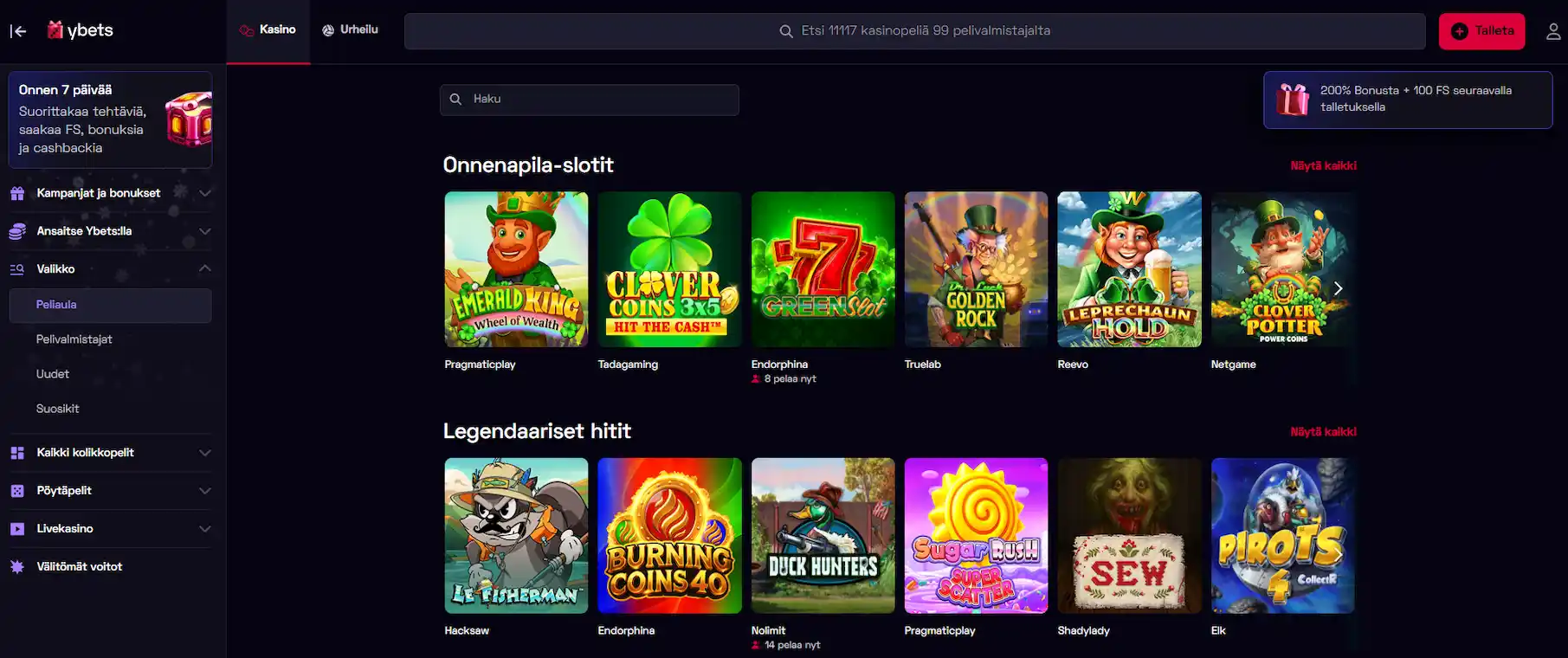 Kuva Ybets Casinon peliaulasta, vasemmalla reunalla valikko ja keskellä tekstinä Onnenapila-slotit ja pelien logoja