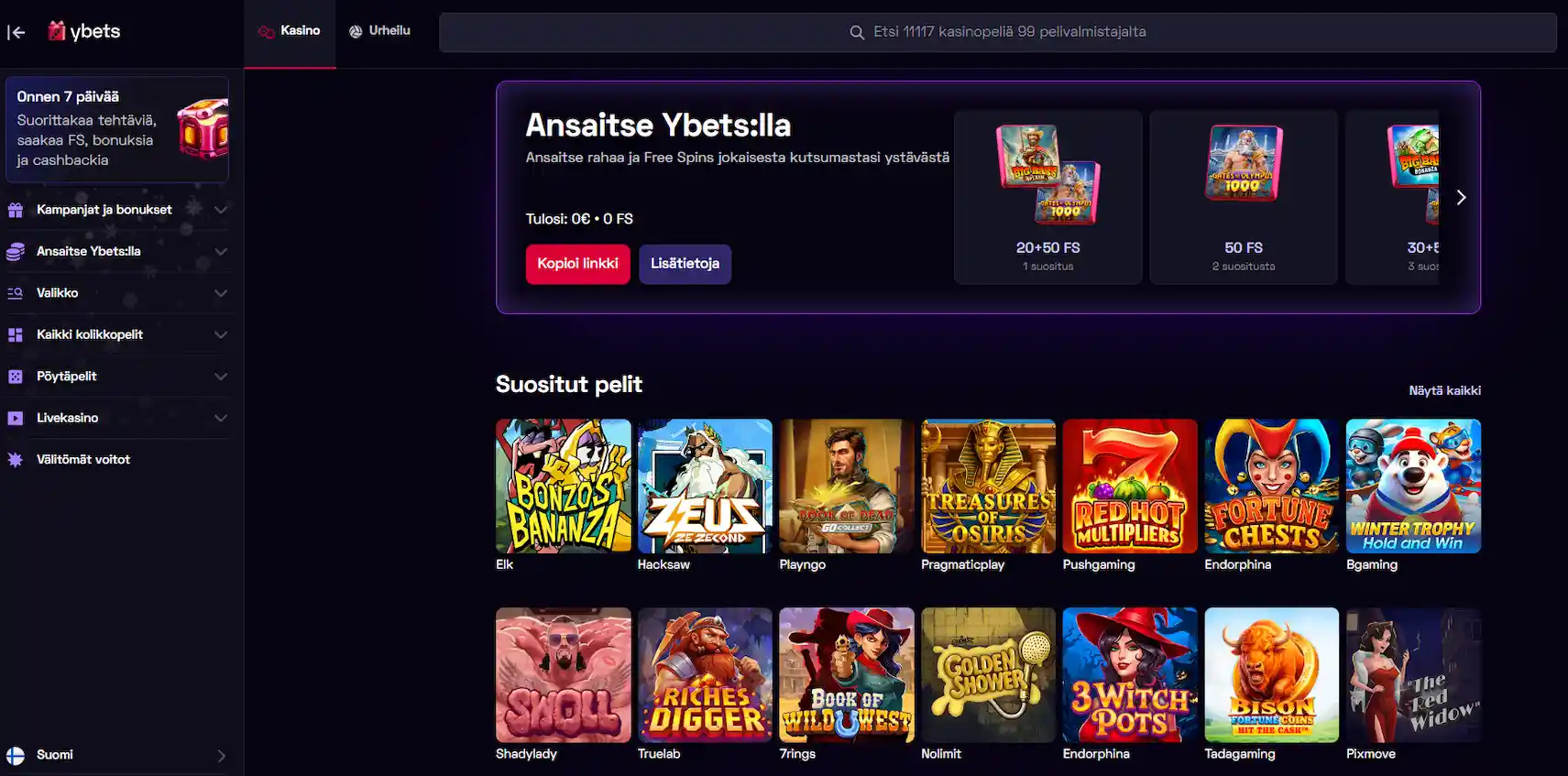 Kuva Ybets Casinon sivulta, vasemmalla reunalla valikko ja oikealla reunalla pelivalikoimaa ja teksti ansaitse ybets:lla