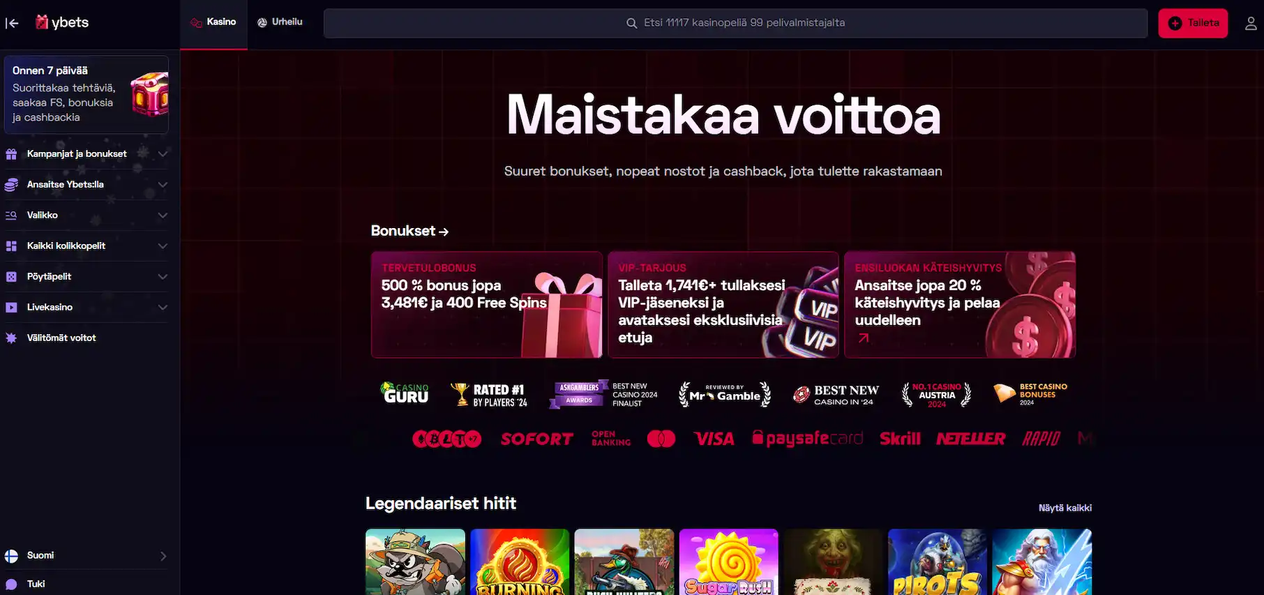 Kuva Ybets Casinon etusivulta, vasemmalla reunalla valikko ja oikeassa yläkulmassa tekstinä kirjaudu ja rekisteröidy nyt