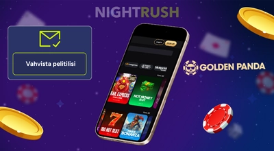 Golden Panda ja sen logo puhelimessa, kasinotuotteet ja vahvistuspainike sinisellä taustalla.