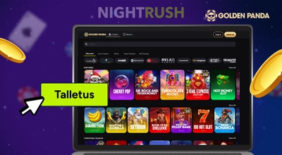 Golden Panda -pelit ja niiden logo kannettavalla tietokoneella, jossa on painike ja kulta.