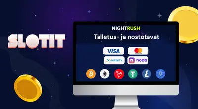 Kannettava tietokone näyttää käytettävissä olevat maksutavat ja Slotit-logon.