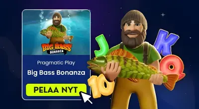 Infografiikassa näkyy Big Bass Bonanzan hahmoja pelaa nyt -painikkeen ja kolikoiden kanssa.