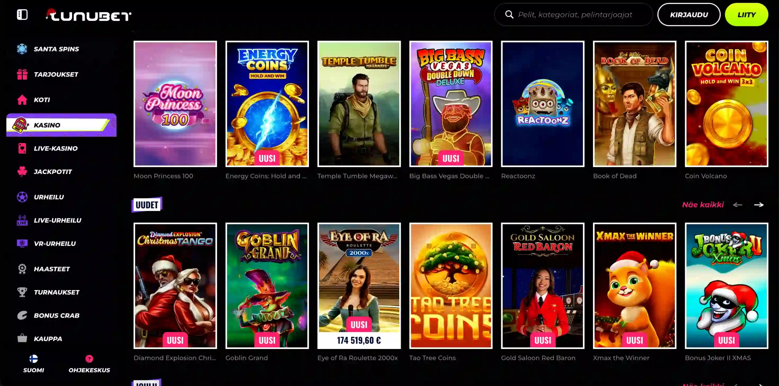 LunuBet-kasinon pelivalikoima.