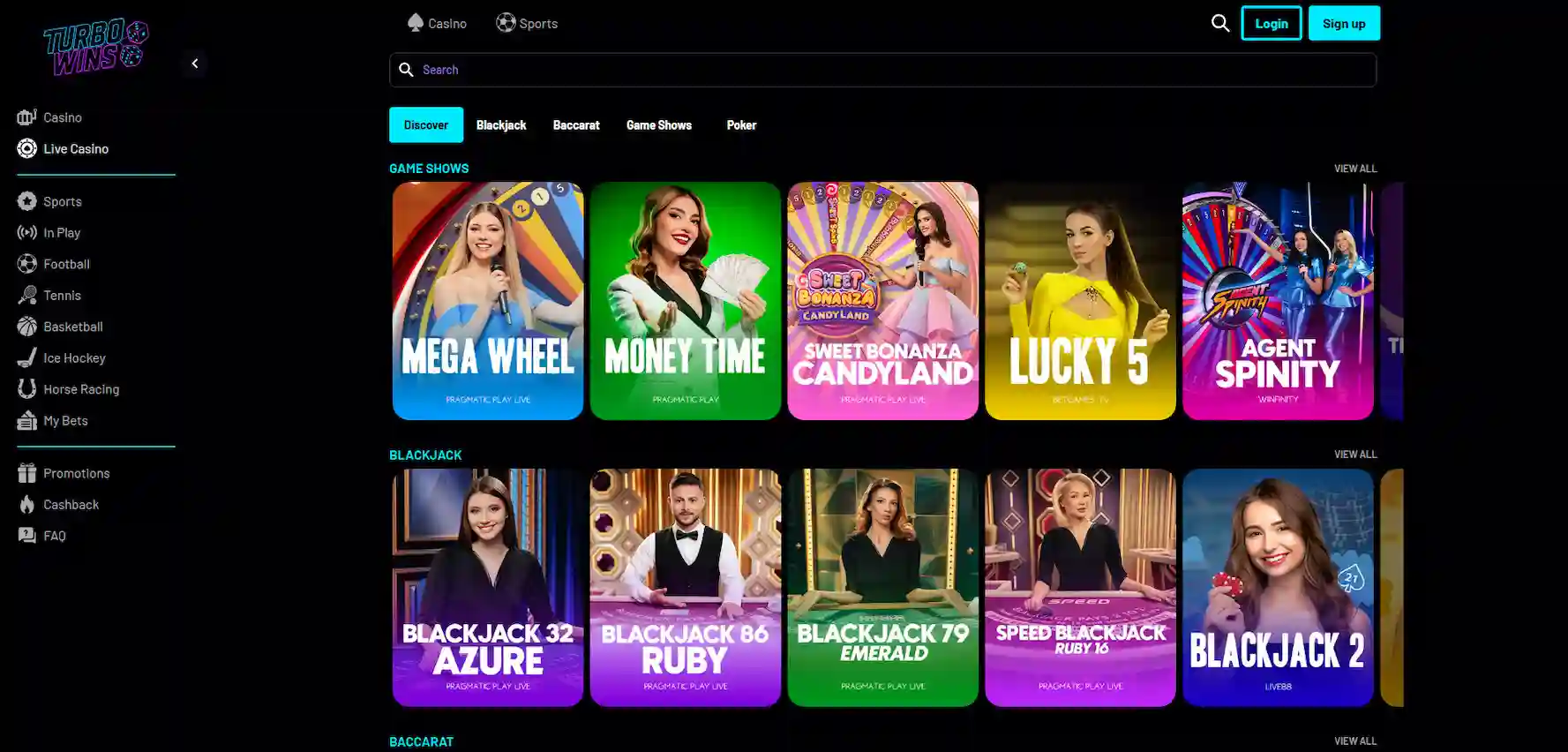 Turbo Winsin live-kasinopelien sivu