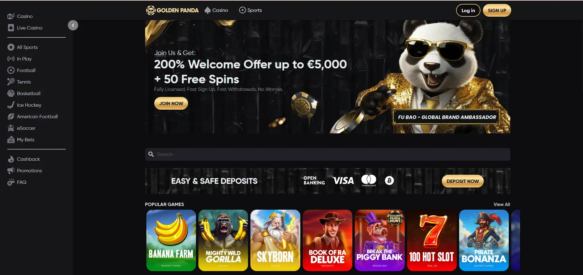 Golden Panda -pääsivu, jossa on panda-kuva ja tervetuliaisbonuksen tiedot mustalla taustalla.