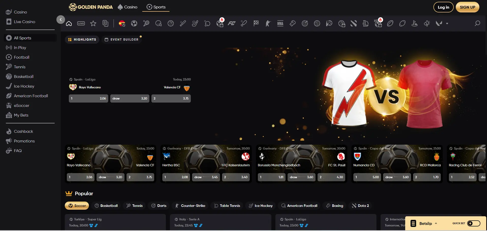 Golden Pandan urheilusivu, ottelutiedot, valikko ja suosittuja vaihtoehtoja mustalla taustalla.