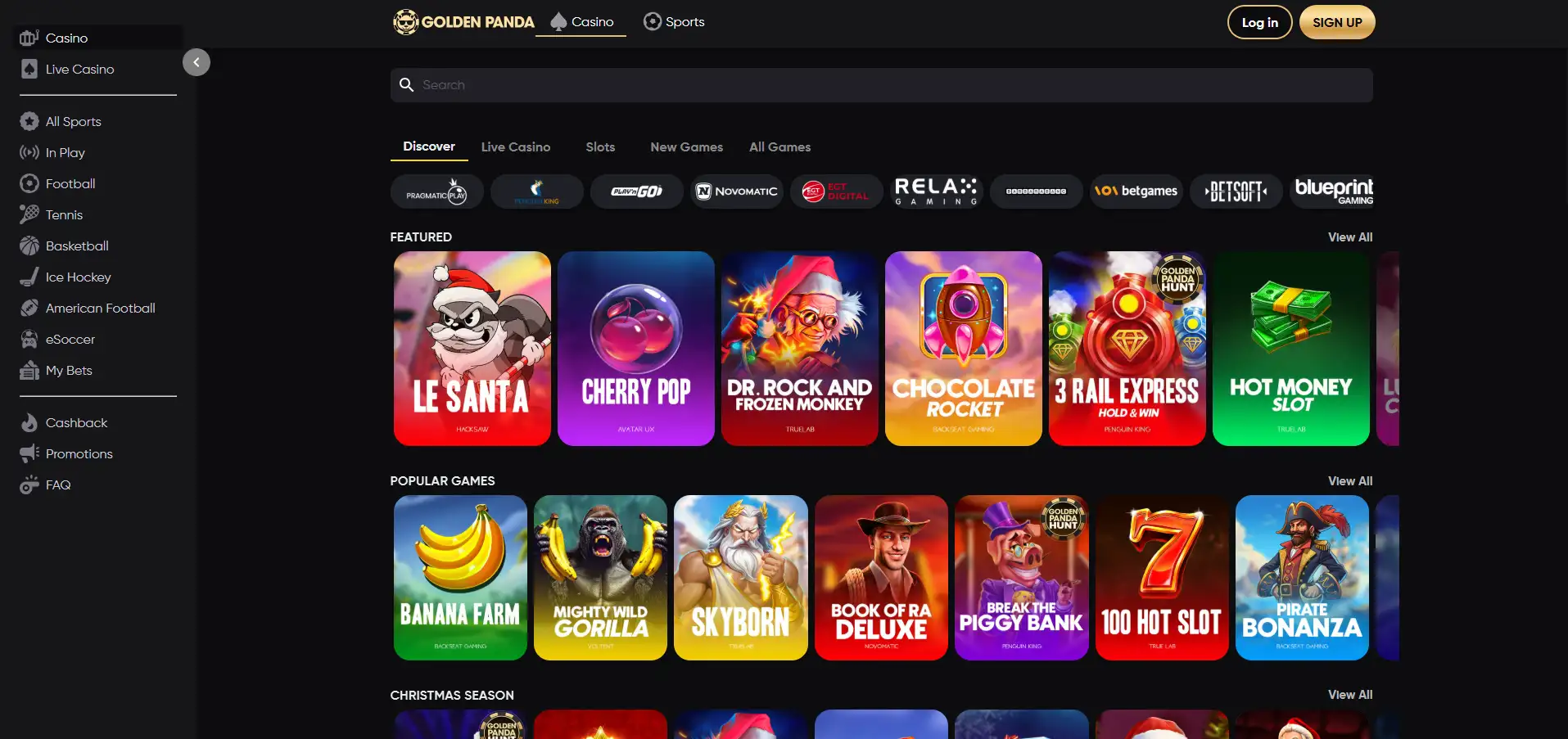 Golden Pandan pelit: esillä olevat, suositut, jouluiset ja valikkovaihtoehdot mustalla taustalla.