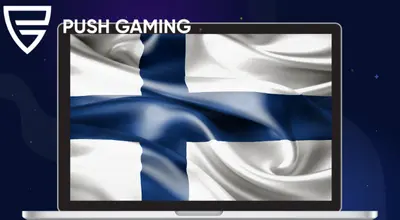 Kannettava tietokone näyttää Suomen lipun ja Push Gaming -logon.