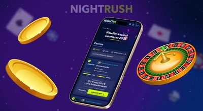 Älypuhelin näyttää suomenkielisen kasinokatsauksen, ruletin ja kaksi kultakolikkoa.