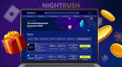 Kannettava näyttää suomenkielisen kasinobonusarvion, lahjapaketti ja kultakolikot ympärillä.