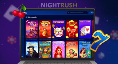 Kannettavan näytöllä Novomatic-kolikkopelejä suuren numeron 7 grafiikan vieressä.