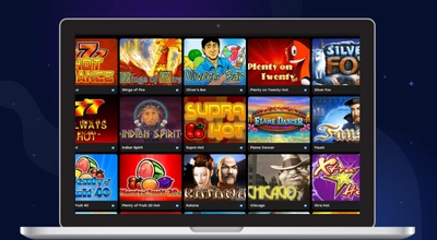 Kannettavan tietokoneen näytöllä riveittäin Novomatic-kasinokolikkopelejä.