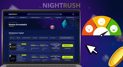 Kannettavan näytöllä kasinosivujen arvostelutoplista korkean arvosanamittarin vieressä.