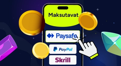 Älypuhelin, jossa Paysafe-, PayPal- ja Skrill-maksutavat sormen vieressä.