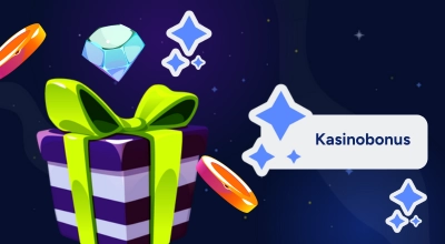 Suuri violetti lahjalaatikko kelluvan jalokiven ja tekstin Kasinobonus vieressä