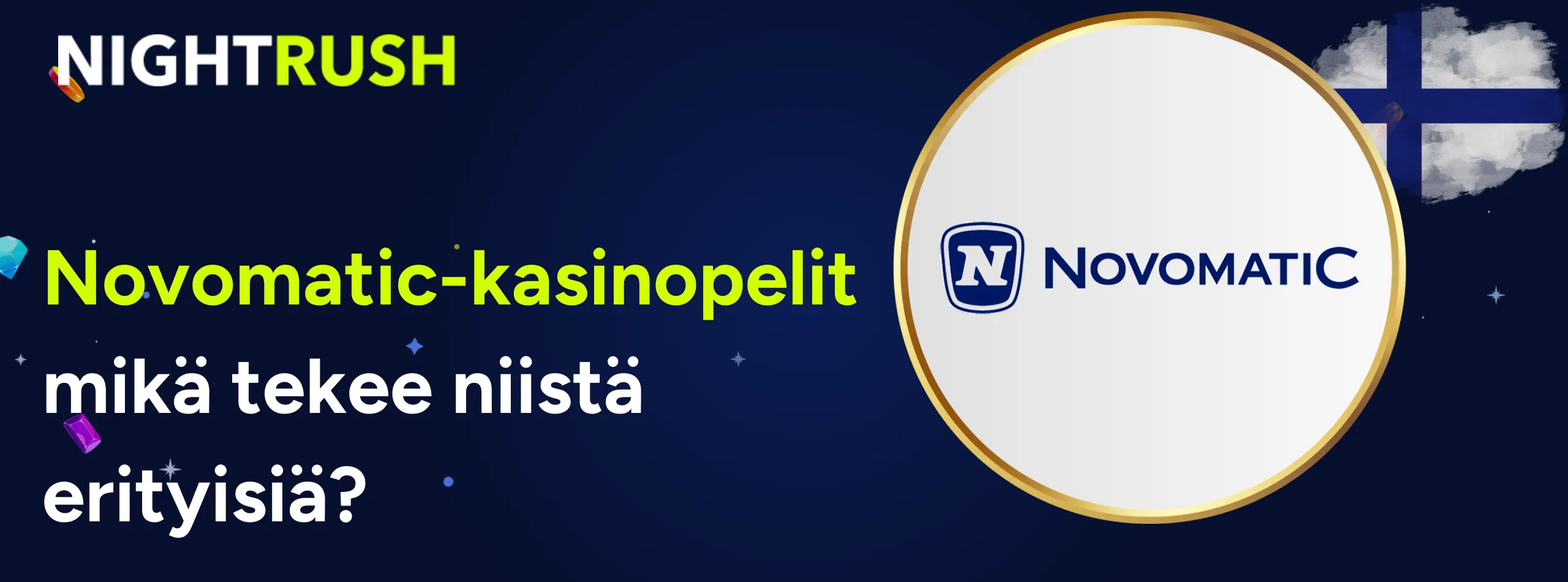 Banneri, jossa kysytään Mikä tekee Novomatic-kasinopelit erityisiksi? Novomatic-logon vieressä.