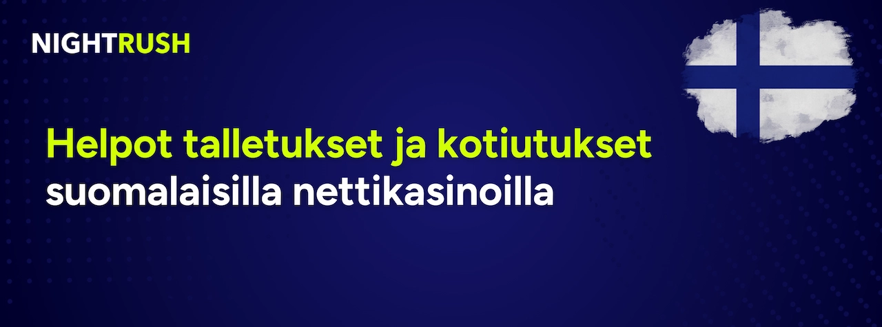 Yhtenäinen sininen grafiikka hienolla pistekuviolla ja otsikko Helpot talletukset ja kotiutukset suomalaisilla nettikasinoilla.