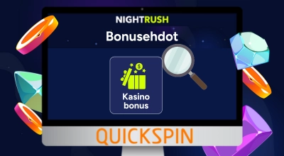 Kannettava tietokone näyttää kasinobonuskuvakkeen ja bonusehtojen otsikon, Quickspin-logo.